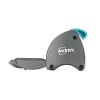 The image depicts a product designed for adhesive dispensing, specifically a tape dispenser from the brand Avery. It features a sleek, ergonomic design with a blue handle and a compartment for tape storage.