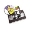 The image shows a VHS tape labeled 'marketing', a floppy disk, and a CD with the text 'Design Studio'.