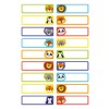 The image shows labels with illustrations of animals, including a tiger, a lion, a penguin, a fox, a koala, and a panda. Each label has a blank area for text.