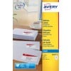 The image shows a package of Avery address labels, with product information such as 'Instant Dry' and 'Smudge free printing every time'. There are also some sealed envelopes visible on a desk with a cup of coffee.