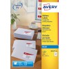 This is an image of a desk with a computer, address labels, and letters. The labels are from the brand Avery and are designed for inkjet printers. They are intended for easy labeling of letters without smudges, and free design software is available.