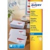 The image shows a picture of AVERY address labels for inkjet printers, with a stack of white envelopes, a computer, and a cup of coffee on a desk. The labels are smudge-free and ready to use, with design and print software details.