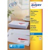 This is an image of AVERY mini address labels and a stack of envelopes with labels on them. The labels are designed for return addressing, with instructions for using design and print software.