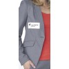 The image features a woman wearing a gray suit jacket over a red top. She has a name tag that reads 'Julia SMITH' and includes the word 'Marketing'.