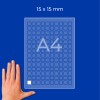 Hand next to a grid-marked A4 sheet labeled 15 x 15 mm on blue background