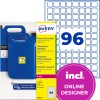 Avery heavy duty label pack showing blue containers, label sheet grid, and '96' count