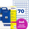 Avery heavy duty label pack showing blue jerrycans, label sheet grid, and '70' quantity