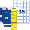 Avery heavy duty label pack with blue jerrycans and grid showing 35 square labels