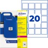 Avery heavy duty label pack with blue jerrycans and grid showing 20 square labels