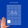 Hand next to A4 sheet mockup with 45×45 mm grid and one white square