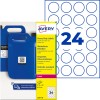 Avery heavy duty round label pack showing blue canisters and sheet with 24 circle labels