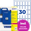 Packaging of Avery heavy duty rectangular labels with blue jerrycans and '30' grid graphic