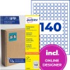 Avery multipurpose labels packaging with '140' and online designer badge