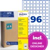 Avery multipurpose label package showing 96 small square labels and cardboard box