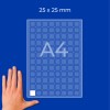 Hand beside A4 sheet grid with 25x25 mm squares and one white square