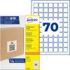 Yellow Avery multipurpose labels packaging showing 70 small square labels and a cardboard box