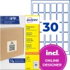 Avery multipurpose label pack showing 30 sheets, product branding and label grid