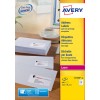 The image shows Avery address labels, with a computer, a coffee cup, and envelopes on a desk. The labels are designed for jam-free printing, with visible contact information.