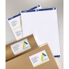 The image features several printed address labels on light paper with a logo design, and some labels are affixed on brown envelopes. The labels include names, addresses, and a graphic design for an architecture firm.