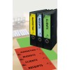 The image features three black binders labeled 'MARKETING', 'RECEIPTS', and 'CLIENTS' on a desk, alongside colorful green sheets and red folders marked with similar titles. A white keyboard is visible in the background.