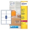 The image shows a pack of transparent labels from the Avery brand, specifically parcel labels, with product information and a sample of the label displayed.