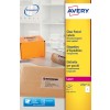The image shows a package with clear shipping labels from Avery. The labels are almost invisible when applied, and there are examples of the labels on a box and a brown envelope. It also contains information about the product, such as the size and the number of labels per package.