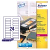 The image shows Avery media labels for labeling videos, slides, and discs, with a pack containing 24 labels of size 72x21.1 mm.