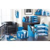 The image features a modern office space with blue organizational items, including file holders, storage trays, and a wastebasket. A black chair and a desk with a monitor are also visible, providing a tidy and colorful workspace.