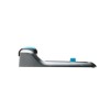 This is a clear image of a modern tape dispenser with a blue accent and a sleek design. It shows the side of the dispenser, with the tape roll visible and a push button to cut the tape.