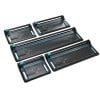 The image shows a set of five paper trimmers or cutters, varying in size, each with a black body and a blue accent. They feature a cutting blade and a grid pattern for measurement.