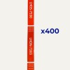 Vertical column of red product labels with codes and a blue "x400" on white background
