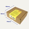 Brown cardboard box with yellow Avery label and blue measurements marked 155mm, 65mm, 175mm