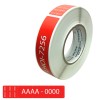 Roll of white labels with a red strip showing code 'LHOI-7256' and sample 'AAAA - 0000'
