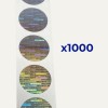 Strip of round holographic security stickers on white backing with 'x1000' text