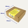 Brown cardboard box with yellow Avery label and blue measurement arrows