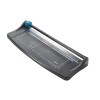 The image shows a paper cutter, a tool used for trimming sheets of paper. It features a flat base with measurement markings and a cutting blade that can be slid along a rail for precise cuts.