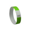 The image shows a green wristband with a white segment printed with a pattern and a number, likely used for event identification or access control.