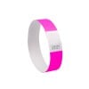 The image shows a pink wristband, typically made of paper or plastic, with a white section that includes a pattern and a number. It is commonly used for events, such as parties or concerts, to indicate entry or attendance.