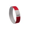 The image shows a red wristband or bracelet made of paper, featuring a white section with a zigzag pattern and a number printed on it.