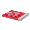 This image features a stack of red paper with several white bands around it. The bands have numbers printed on them, and the paper appears to be organized and neatly arranged.